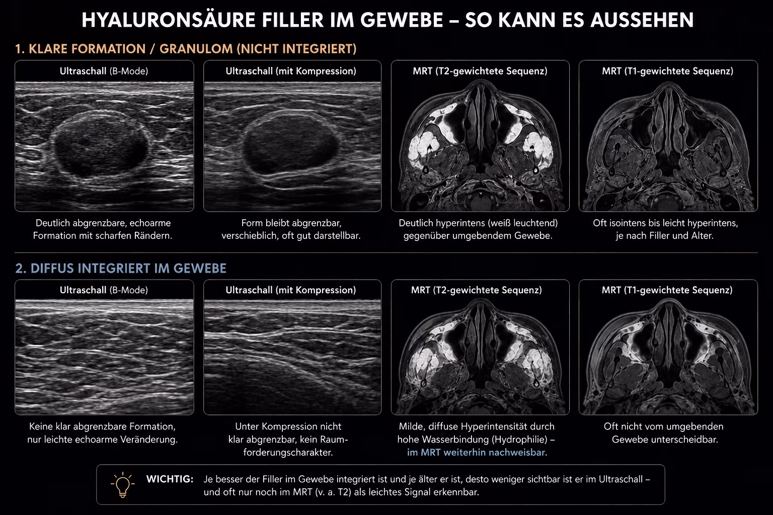 Hyaluronfiller im Ultraschall und MRT: klar begrenzte Depots im Vergleich zu diffus ins Gewebe integriertem Filler