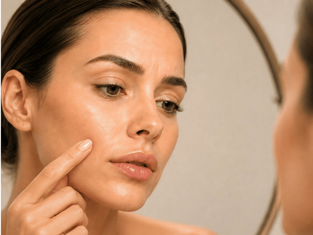 Leichte Unebenheiten oder Knubbel nach Dermal Fillern in einer natürlichen Lippen- oder Gesichtsbehandlung