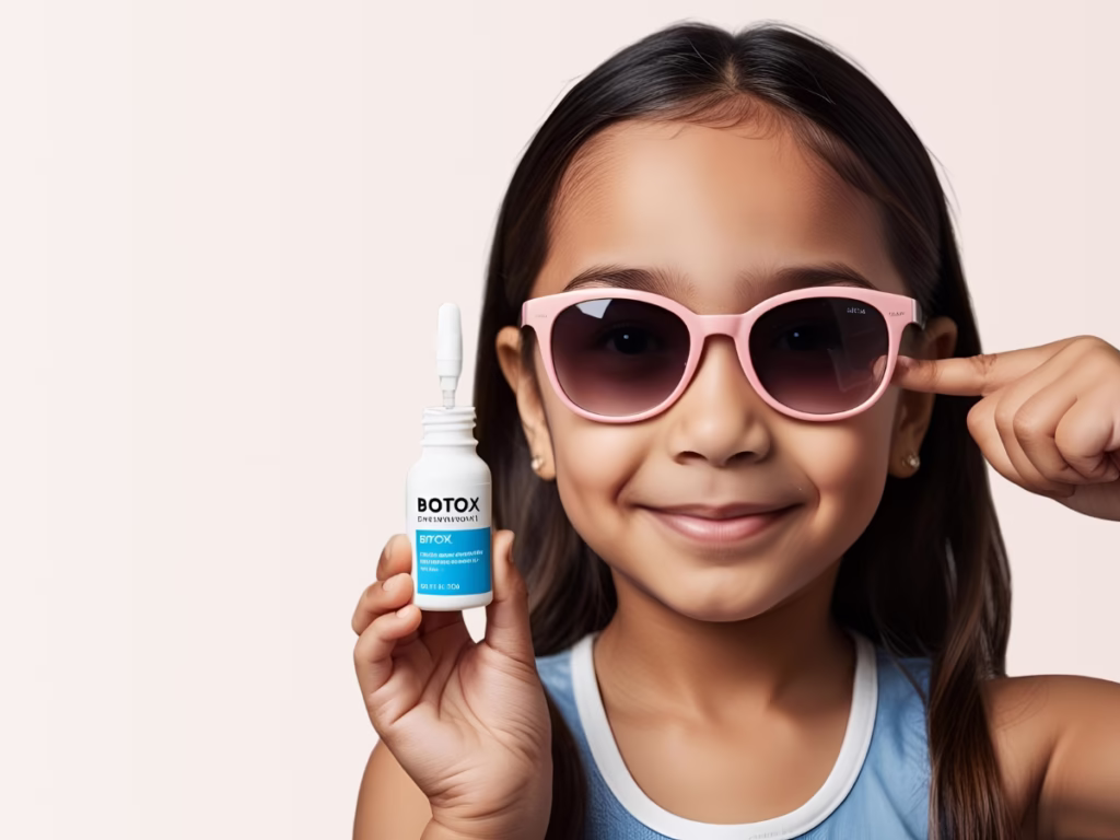 Symbolische Illustration zum Thema Baby Botox mit einer Person, Sonnenbrille und einer Botox-Flasche als humorvolle Darstellung einer niedrig dosierten Botox-Behandlung.